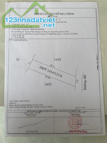 cần bán gấp miếng đất 123m2 ở Phường Lộc Hưng , tx trảng bàng , 650Triệu Sổ Hồng Riêng