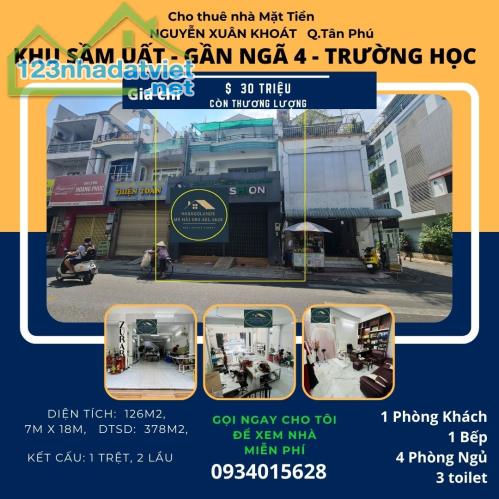 Cho thuê nhà Mặt Tiền Nguyễn Xuân Khoát 126m2, 2Lầu, 30 triệu, gần ngã 4 - 4