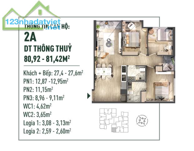 CĐT giao bán căn hộ trục 2A tầng  (6 +10+24). 81,42m2, 3pn2vs, CK 9%, HTLS 24tháng.