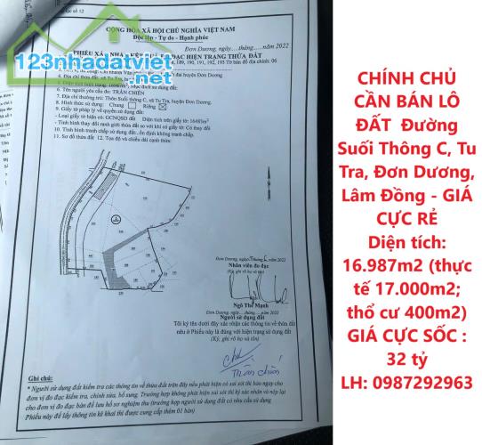 CHÍNH CHỦ CẦN BÁN LÔ ĐẤT  Đường Suối Thông C, Tu Tra, Đơn Dương, Lâm Đồng - GIÁ CỰC RẺ