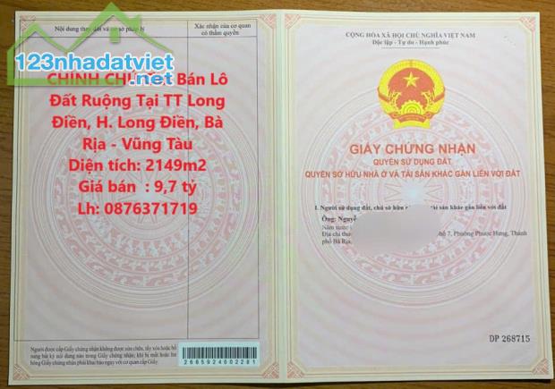 CHÍNH CHỦ Cần Bán Lô Đất Ruộng Tại TT Long Điền, H. Long Điền, Bà Rịa - Vũng Tàu - 1