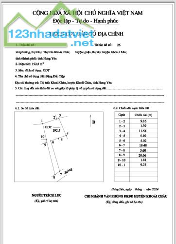 Ở đô thị, full thổ cư, ô tô vào, 192m, thị trấn Khoái Châu, nhỉnh 1.3 tỷ. 0971320468