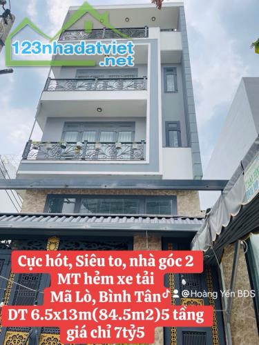 Cực hót, Siêu to, nhà góc 2 MT hẻm xe tải,Mã Lò,Bình Tân,DT 6.5x13m(84.5m2)5 tầng giá 7tỷ5