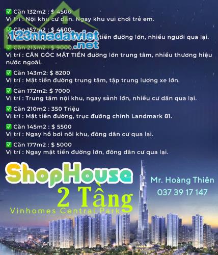 Thuê Shophouse 2 tầng Vinhomes Central Park, Tháng 10.2024 hơn 150m: 112 triệu.LH: