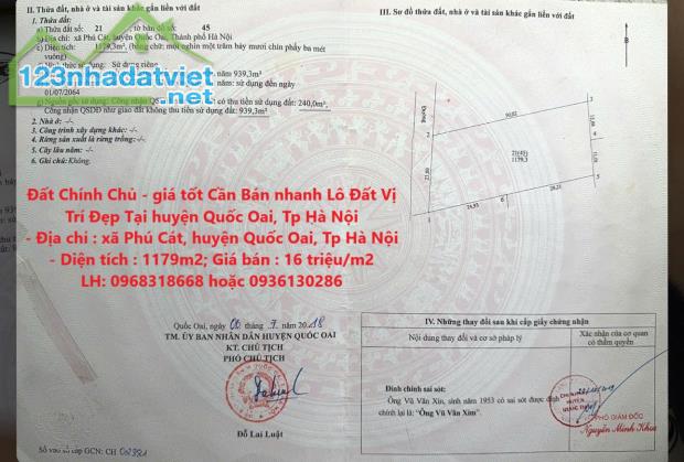 Đất Chính Chủ - giá tốt Cần Bán nhanh Lô Đất Vị Trí Đẹp Tại huyện Quốc Oai, Tp Hà Nội