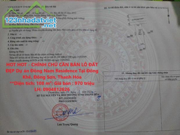 HOT HOT - CHÍNH CHỦ CẦN BÁN LÔ ĐẤT ĐẸP Dự án Đồng Nam Residence Tại Đông Khê, Đông Sơn,