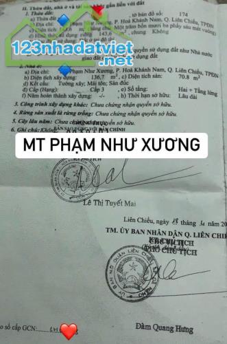 BÁN NHÀ 2 TẦNG MẶT TIỀN ĐƯỜNG PHẠM NHƯ XƯƠNG-HOÀ KHÁNH NAM-LIÊN CHIỂU