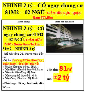 NHỈNH 2 tỷ - CÓ ngay chung cư 81M2 – 02 NGỦ- TRẦN HỮU DỰC - Quận Nam Từ Liêm 81m2 – NHỈNH