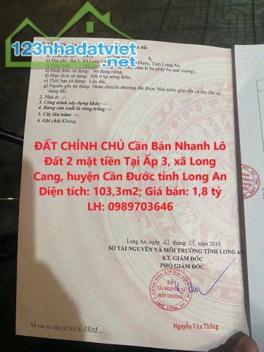 ĐẤT CHÍNH CHỦ Cần Bán Nhanh Lô Đất 2 mặt tiền Tại huyện Cần Đước tỉnh Long An