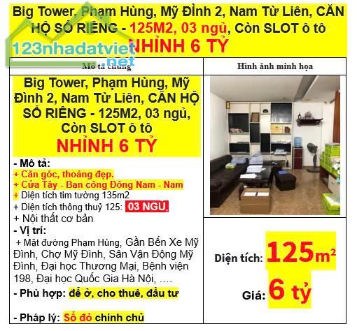 Big Tower, Phạm Hùng, Mỹ Đình 2, Nam Từ Liên, CĂN HỘ SỔ RIÊNG- 125M2, 03 ngủ, Còn SLOT ôtô - 5