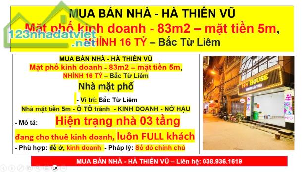 MUA BÁN NHÀ - HÀ THIÊN VŨ Mặt phố kinh doanh - 83m2 – mặt tiền 5m,  NHỈNH 16 TỶ – Bắc Từ L - 2