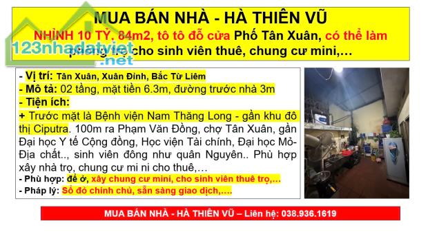 MUA BÁN NHÀ - HÀ THIÊN VŨ NHỈNH 10 TỶ, 84m2, tô tô đỗ cửa Phố Tân Xuân, cho thuê trọ - 3