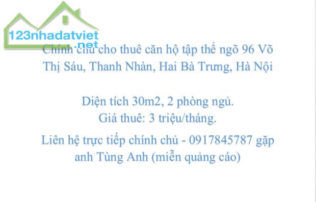 Chính chủ cho thuê căn hộ tập thể ngõ 96 Võ Thị Sáu, Thanh Nhàn, Hai Bà Trưng, Hà Nội