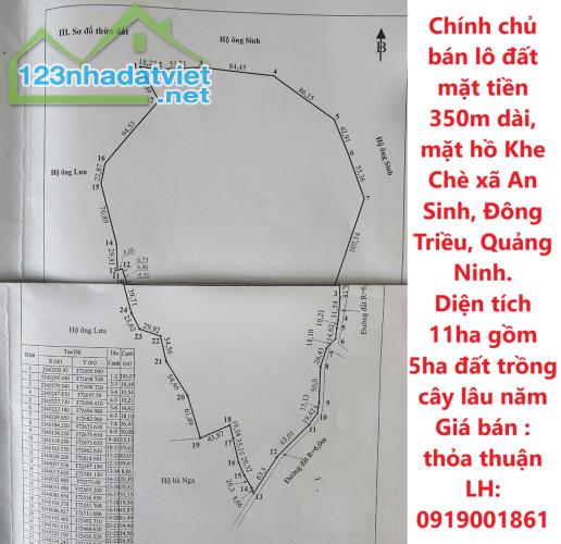 Chính chủ bán lô đất mặt tiền 350m dài, mặt hồ Khe Chè xã An Sinh, Đông Triều, Quảng Ninh.