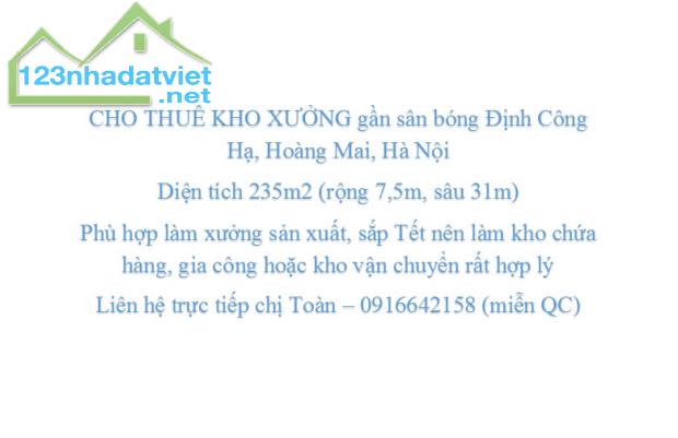 CHO THUÊ KHO XƯỞNG gần sân bóng Định Công Hạ, Hoàng Mai, Hà Nội