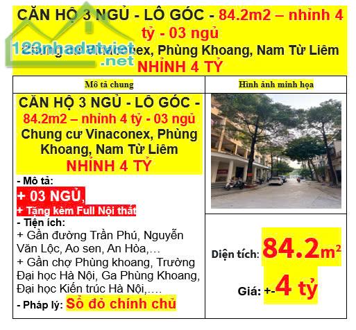 CĂN HỘ 3 NGỦ - LÔ GÓC - 84.2m2 – nhỉnh 4 tỷ - 03 ngủ Chung cư Vinaconex, Phùng Khoang - 3