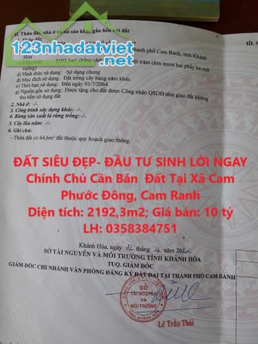 ĐẤT SIÊU ĐẸP- ĐẦU TƯ SINH LỜI NGAY Chính Chủ Cần Bán  Đất Tại Xã Cam Phước Đông, Cam Ranh