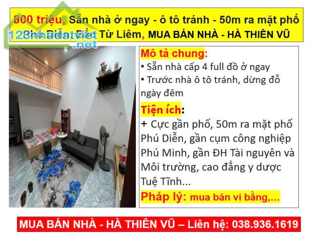 800 triệu, Sẵn nhà ở ngay, ô tô tránh, 50m ra mặt phố Phú Diễn, Bắc Từ Liêm, HÀ THIÊN VŨ