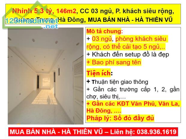 Nhỉnh 5.3 tỷ, 146m2, CC 03 ngủ, P. khách siêu rộng, Quang Trung, Hà Đông, HÀ THIÊN VŨ - 3