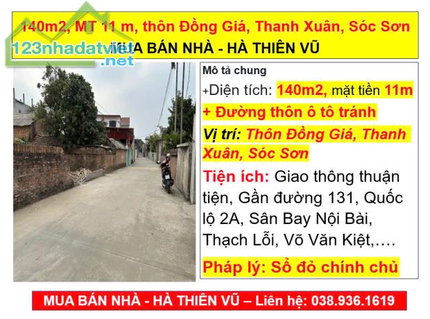 140m2, MT 11 m, thôn Đồng Giá, Thanh Xuân, Sóc Sơn, Hà Nội, MUA BÁN NHÀ - HÀ THIÊN VŨ