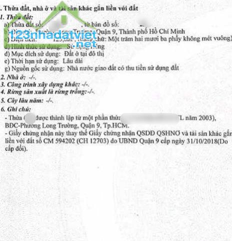 TIN THẬT:123m2 đất thổ chỉ 35tr/m2,hẻm xe hơi,nguyễn Duy Tring,Long Trường,Q9