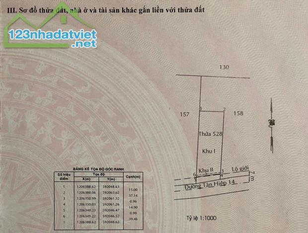 HÓC MÔN, MẶT TIỀN TÂN HIỆP 14, ĐẤT FULL THỔ CƯ, KV 15x40m, CHỈ 13 TỶ