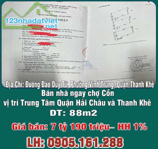 Chính chủ bán nhà ngay chợ Cồn vị trí Trung Tâm Quận Hải Châu và Thanh Khê-