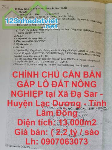 CHÍNH CHỦ CẦN BÁN GẤP LÔ ĐẤT NÔNG NGHIỆP tại  Xã Đạ Sar - Huyện Lạc Dương - Tỉnh Lâm Đồng