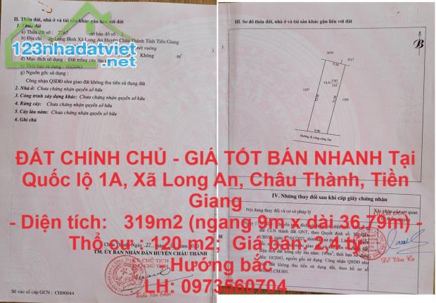 ĐẤT CHÍNH CHỦ - GIÁ TỐT BÁN NHANH Tại Quốc lộ 1A, Xã Long An, Châu Thành, Tiền Giang