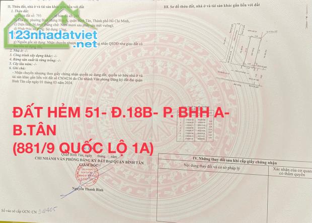 BÁN ĐẤT HẺM 8 M - 
HẺM SỐ 51/ ĐƯỜNG SỐ 18B - P.BÌNH HƯNG HÒA A - Q. BÌNH TÂN - TP HỒ CHÍ