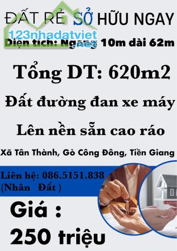 ĐẤT ĐẸP GIÁ TỐT chỉ 250 triệu 10x62 m2 xã Tân Thành, Gò Công Đông, Tiền Giang - 2