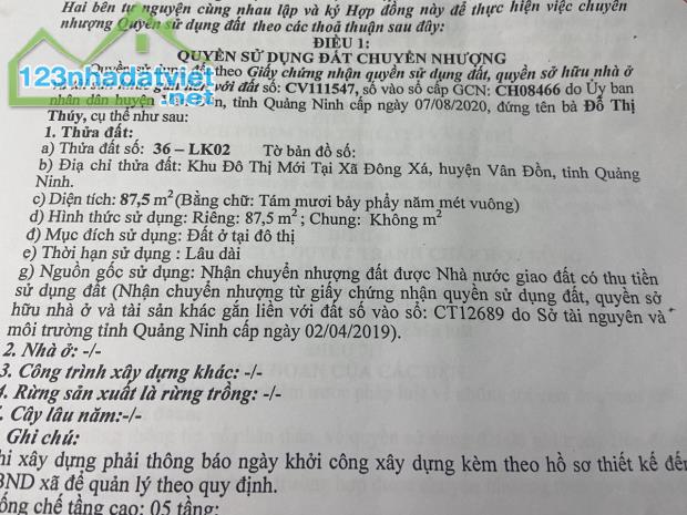 Chính chủ cần bán mảnh đất tại KĐT Mới tại Xã Đông Xá, Huyện Vân Đồn, Tỉnh Quảng Ninh.