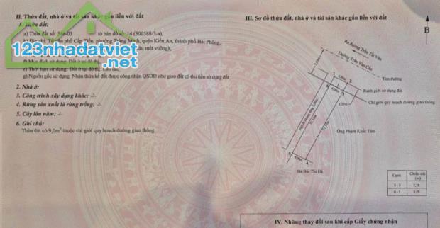 Chính chủ cần bán gấp 94m2 mảnh đất 2 mặt tiền, mặt phố Trần Văn Cẩn, Kiến An, Hải Phòng