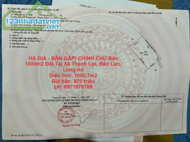 HẠ GIÁ - BÁN GẤP! CHÍNH CHỦ Bán 1000m2 Đất Tại Xã Thạnh Lợi, Bến Lức, Long An