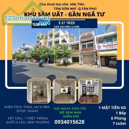 SỐC- Cho thuê nhà mặt tiền Tân Sơn Nhì 72m2, 3 Lầu+ST, 27Triệu-NGAY NGÃ TƯ - 4