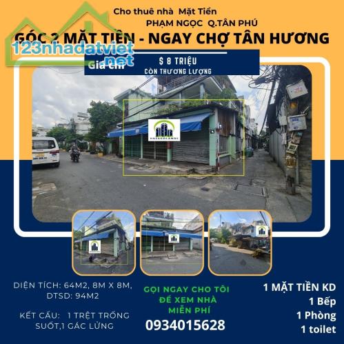 SỐC- Cho thuê nhà 2 Mặt Tiền Cạnh Chợ Tân Hương 64m2, 8Triệu - 4