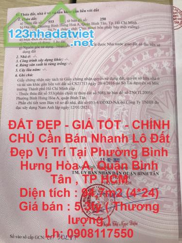 ĐẤT ĐẸP - GIÁ TỐT - CHÍNH CHỦ Cần Bán Nhanh Lô Đất Đẹp Vị Trí Tại Quận Bình Tân , TP HCM