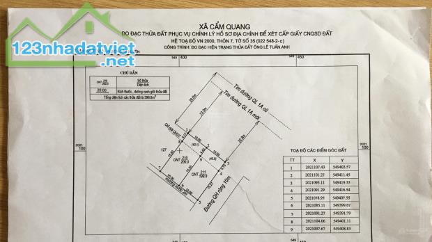 CHÍNH CHỦ CẦN BÁN 2 LÔ Đất LIỀN KỀ MẶT TIỀN Tại Đường Quốc lộ 1A, Xã Cẩm Quang, Cẩm