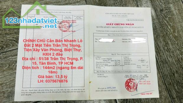 CHÍNH CHỦ Cần Bán Nhanh Lô Đất 2 Mặt Tiền Trần Thị Trọng, Tiện Xây Văn Phòng, Biệt Thự,