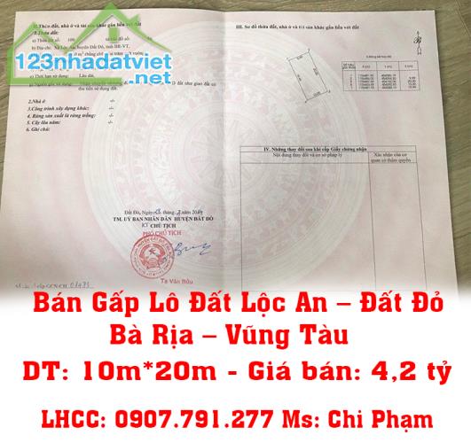 Chính Chủ Bán Gấp Lô Đất Lộc An – Đất Đỏ – Bà Rịa – Vũng Tàu.