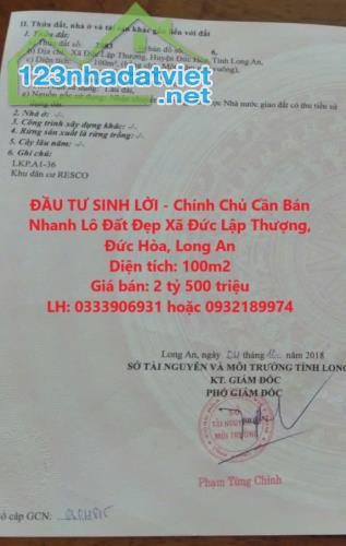 ĐẦU TƯ SINH LỜI - Chính Chủ Cần Bán Nhanh Lô Đất Đẹp Xã Đức Lập Thượng, Đức Hòa, Long An - 1