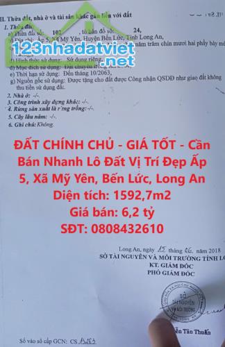 ĐẤT CHÍNH CHỦ - GIÁ TỐT - Cần Bán Nhanh Lô Đất Vị Trí Đẹp Ấp 5, Xã Mỹ Yên, Bến Lức, Long