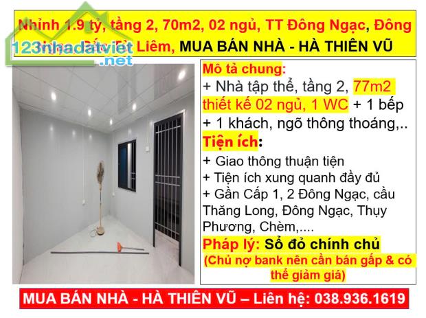 Nhỉnh 1.9 tỷ, tầng 2, 70m2, 02 ngủ, TT Đông Ngạc, Đông Ngạc, Bắc Từ Liêm, HÀ THIÊN VŨ