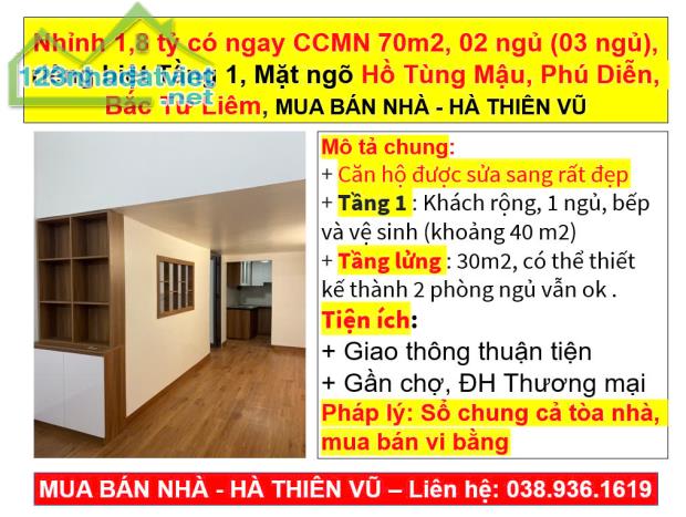 Nhỉnh 1,8 tỷ có ngay CCMN 70m2, 02 ngủ (03 ngủ), riêng biệt Tầng 1, Mặt ngõ Hồ Tùng Mậu - 5