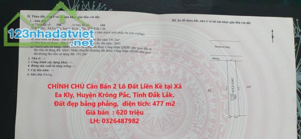 CHÍNH CHỦ Cần Bán 2 Lô Đất Liền Kề tại Xã Ea Kly, Huyện Krông Pắc, Tỉnh Đắk Lắk.