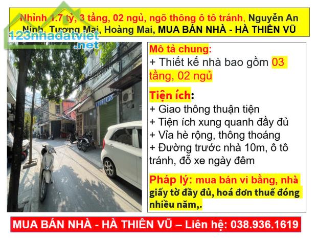 Nhỉnh 1.7 tỷ, 3 tầng, 02 ngủ, ngõ thông ô tô tránh, Nguyễn An Ninh, Tương Mai, Hoàng Mai,