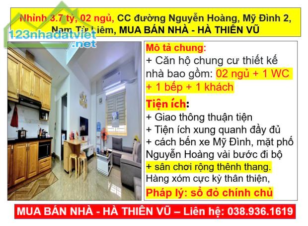 Nhỉnh 3.7 tỷ, 02 ngủ, CC đường Nguyễn Hoàng, Mỹ Đình 2, Nam Từ Liêm, HÀ THIÊN VŨ