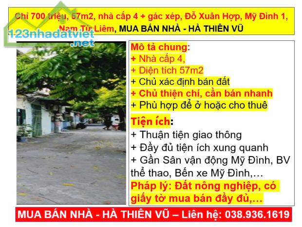 Chỉ 700 triệu, 57m2, nhà cấp 4 + gác xép, Đỗ Xuân Hợp, Mỹ Đình 1, Nam Từ Liêm, MUA BÁN NHÀ - 3