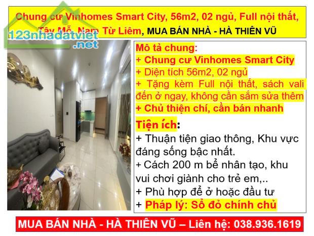 Chung cư Vinhomes Smart City, 56m2, 02 ngủ, Full nội thất, Tây Mỗ, Nam Từ Liêm, KÝ GỬI NHÀ