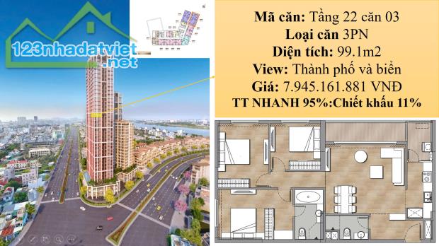 Sun Cosmo - Căn 3PN, 99.1m2 view thành phố, biển đẹp nhất dự kiến bàn giao T6/2025